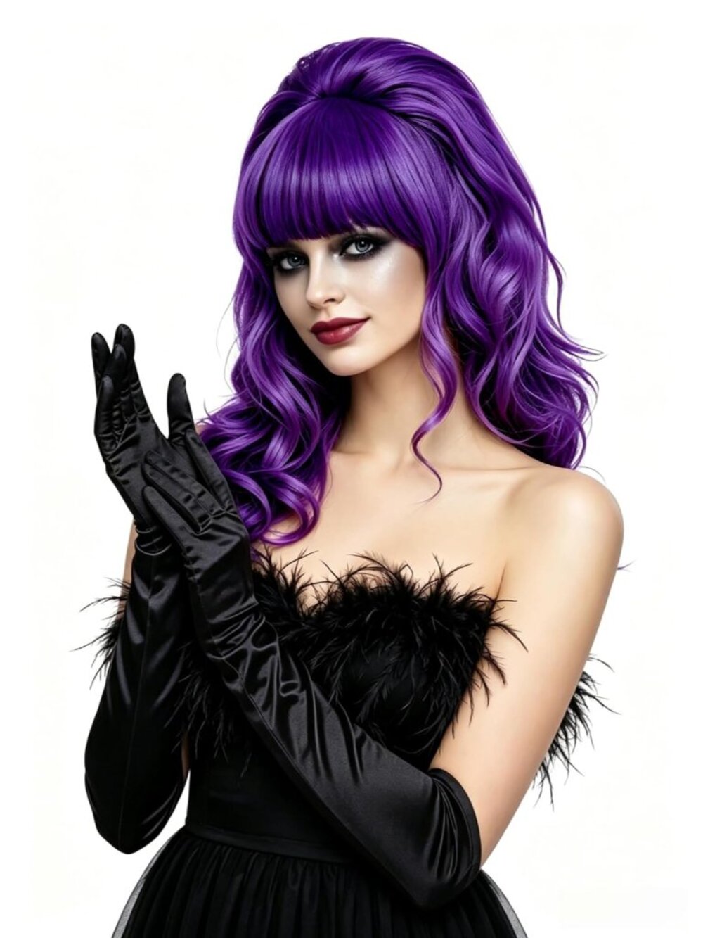 Women's Purple Black Heat Resistant Synthetic Fiber Retro Long Wavy Wigs Bangs